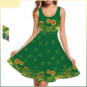 Robe Midi Sans Manches pour Femmes pour la Saint-Patrick avec Imprimé Trèfle et Fleurs Robe Trapèze d'Été Décontractée pour Fête