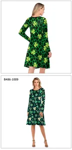 Front and back view of long-sleeve dress with green shamrock and leopard print detail