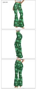 Three-view detail of high-waisted St. Patrick's Day bell-bottoms with clover print