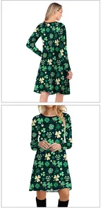 Front and back view of A-line long sleeve dress with green shamrock digital print