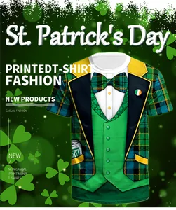 Detail of St. Patrick's Day T-shirt with green plaid vest and bow tie digital print