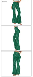 Front, side and back view of St. Patrick's Day green flared pants with shamrock pattern