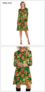 Detail of St. Patrick's Day long sleeve dress with green gnome and shamrock print