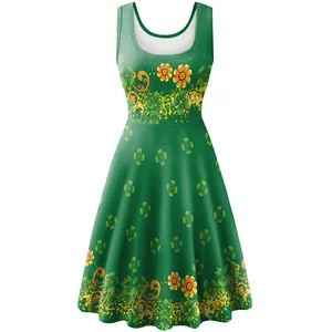 Robe trapèze sans manches pour la Saint-Patrick avec trèfles verts et fleurs jaunes