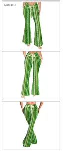 Detailed views of women's green clover flared pants with festive patterns and silk ribbon tie