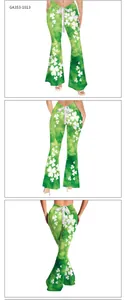 Three-way view of St. Patrick's Day green flared pants with white clover print and drawstring