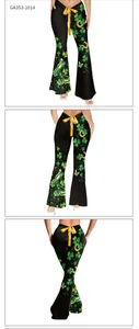 Three-way view of St. Patrick’s Day flare pants with green clover and butterfly print