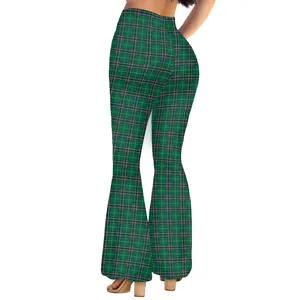 Deep green plaid high waisted bell bottom trousers for women with classic tartan pattern