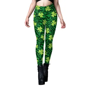 Women's St. Patrick's Day leggings with green zebra stripes and clover print for yoga