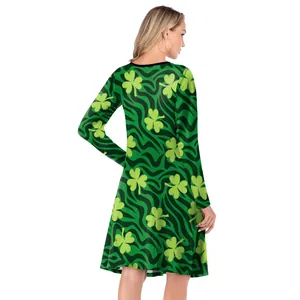 Women's St. Patrick's Day Clover Print Long Sleeve A-Line Midi Dress Casual Crew Neck Luck Graphic Party Dress