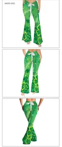 Detailed views of high-waist green clover print flared pants with white waist ribbon tie