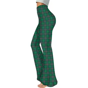High-waisted green St. Patrick's Day flare pants with classic plaid tartan pattern