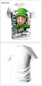 Front and back view of white St. Patrick's Day T-shirt with 3D Leprechaun digital print