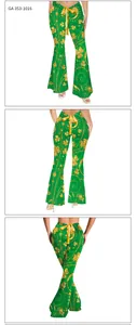 Detailed view of St. Patrick's Day flare pants with green clover print and yellow bow belt