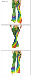 Detailed view of women's flare pants with St. Patrick's Day shamrock and rainbow print