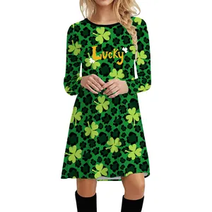 St. Patrick's Day green long sleeve dress with Lucky print and shamrock leopard pattern