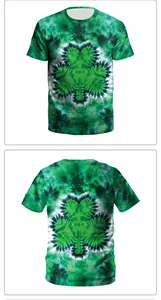 Front and back view of green tie-dye St. Patrick's Day T-shirt with shamrock pattern
