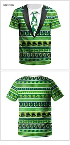 Detailed sublimation print of a St. Patrick's Day t-shirt with clover and tie patterns