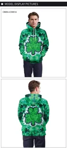 Vista frontal y trasera de la sudadera tie-dye verde con trébol para el Día de San Patricio