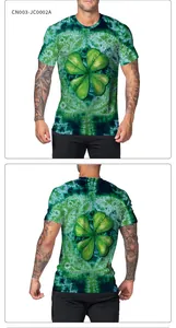Front and back view of St. Patrick's Day tie-dye T-shirt with green clover print