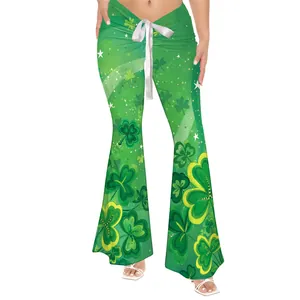 Women's green clover print flared pants with high waist and white drawstring for St. Patrick's Day