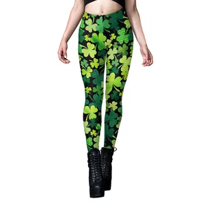 Leggings de la Saint-Patrick pour femmes avec imprimés de trèfles verts sur fond noir