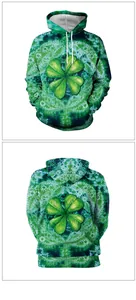 Vista frontal y trasera de la sudadera tie-dye verde con trébol para el Día de San Patricio