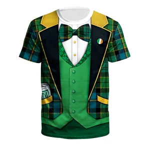 St. Patrick's Day 3D suit print t-shirt featuring green vest and plaid bowtie graphic