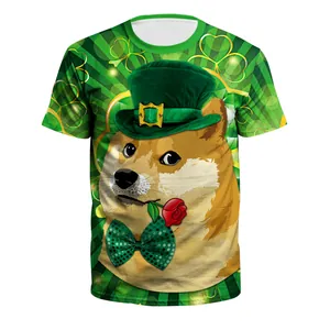 Saint Patrick's Day green T-shirt with Shiba Inu digital print and shamrock pattern