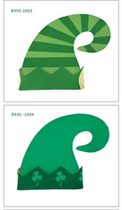 Detail of green St. Patrick's Day elf hats with shamrock prints and striped patterns