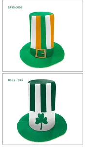 Close-up of Saint Patrick's Day tall hats with Irish flag stripes and shamrock prints