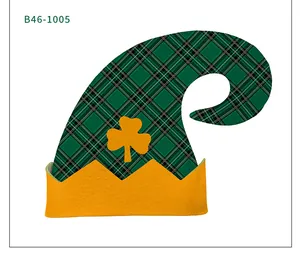 Macro detail of St. Patrick's Day elf hat with green plaid and gold shamrock B46-1005