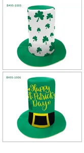 Detail of St. Patrick's Day top hats featuring clover prints and festive greetings