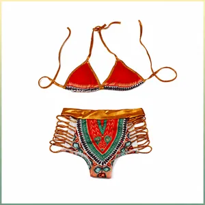 Women Ethnic Dashiki Print Halter Bikini Two Piece Suit High Waist Hollow Out Strappy Tribal Beachwear Bathing Swimsuit