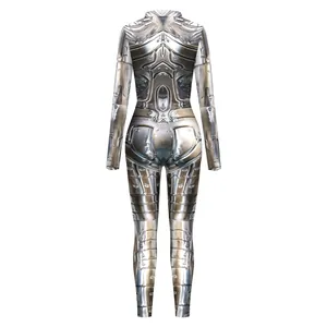 Tuta da Donna Cyberpunk con Stampa Armatura Meccanica 3D Manica Lunga Collo Lupetto Sci-Fi Cyborg Cosplay Catsuit Aderente Intera