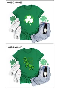Details von St. Patrick's Day T-Shirts mit Kleeblatt-Druck und festlichen Herz-Grafiken