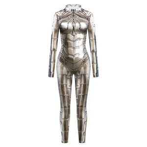 Tuta attillata a maniche lunghe con stampa armatura robotica 3D per cosplay donna
