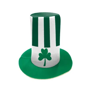 Green and white striped St. Patrick's Day top hat featuring a green shamrock logo