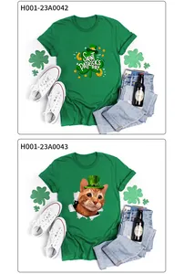 Detailansicht grüner St. Patrick's Day T-Shirts mit Kleeblatt- und Katzenmotiven