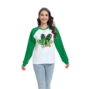 Haut à Manches Longues Raglan pour Femmes Saint-Patrick Imprimé Trèfle Cœur Lucky Couleur Contrastée Sweat Casual