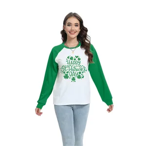 Felpa donna San Patrizio con maniche raglan verdi e stampa a trifoglio