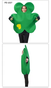 Vues de face et de profil d'un costume de trèfle vert gonflable avec cœur jaune