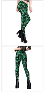 Dettaglio dei leggings di San Patrizio con stampa a trifoglio verde e motivo stellato