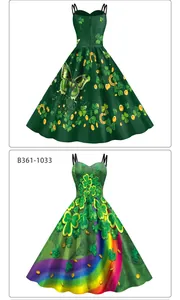 Detail of St. Patrick's Day dresses featuring shamrock, gold coins and rainbow prints