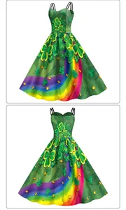 Detailed front and back view of St. Patrick's Day dress with shamrock and rainbow print