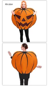 Front and back view of a pumpkin costume featuring a printed Jack-o'-lantern face