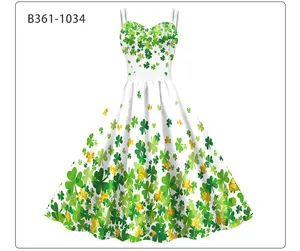 Detail of St. Patrick's Day white dress with green clover print and heart neckline