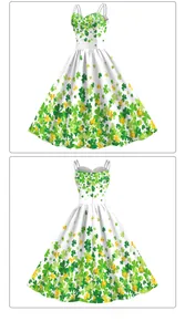 Front and back view of A-line St. Patrick's Day dress with green clover prints