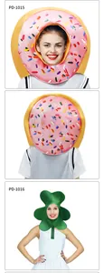 Detailed views of plush pink donut and green clover costume headgear with soft texture