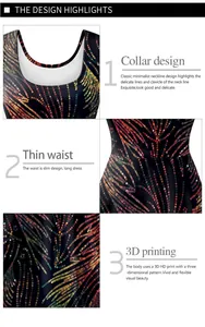 Detail view of 3D digital sequin print pattern and slim waist on long sleeveless dress